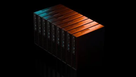 Stack of modern data servers with orange and blue lighting on black backgroun Stock Illustration