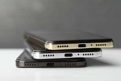 Stack of modern smartphones on white table, closeup Stock Photos