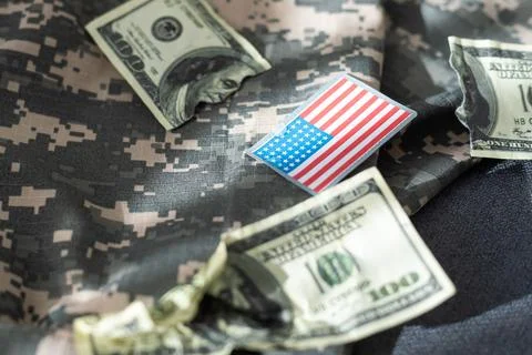 Stack of money on American Flag. dollars Foto stock