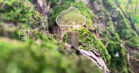 Stack of money with an arrow icon increasing future company growth  planning Stock Photos