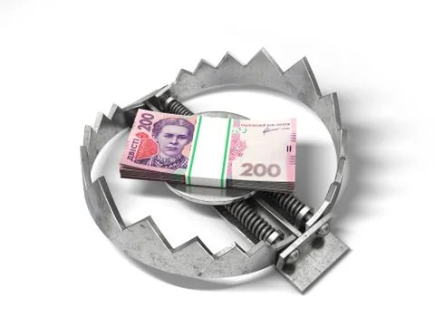 Stack of money in the bear metal trap. 3D concept. Stock Illustration