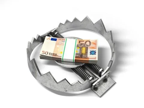 Stack of money in the bear metal trap. 3D concept. Stock Illustration