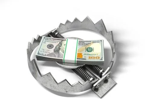 Stack of money in the bear metal trap. 3D concept. Stock Illustration