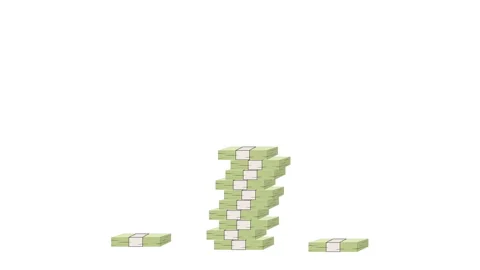 Stack of money bundles growing in height on white background Stock Footage 307621969