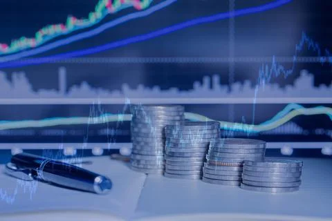 Stack of money coin with trading graph. Stock Photos