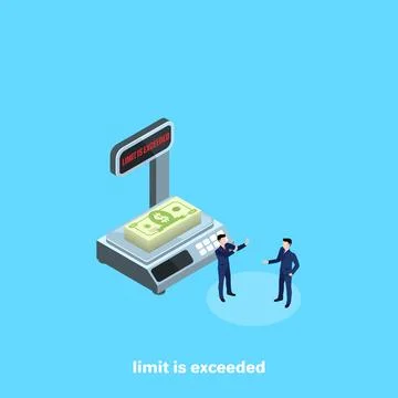 A stack of money on electronic scales and men in business suits next to, an i Stockillustratie