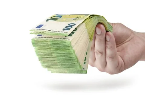 Stack of money in hand isolated on white background. 100 euro banknotes in a man Stock Photos