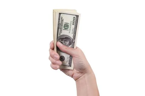 Stack of money in a hand isolated on white background Stock Photos