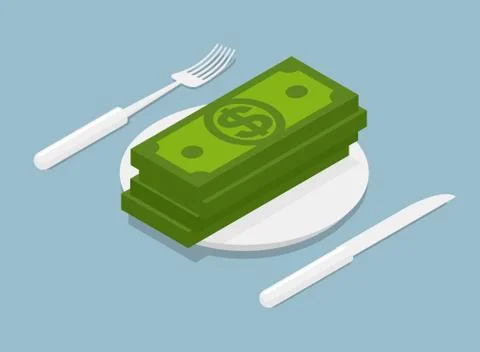 Stack of money isometrics. 3D Cash on plate. Cutlery fork and knife. Kitchenw Stock Illustration