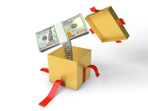The stack of money jumps out of a gift box on a spring Stock Illustration