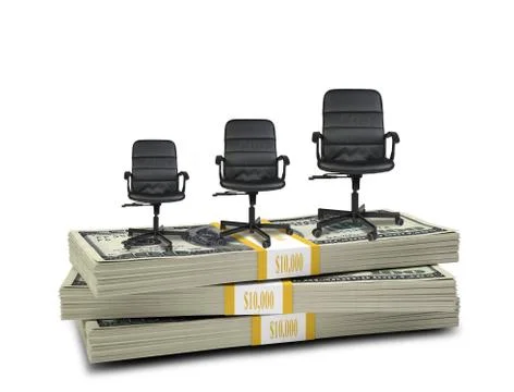 Stack of money with three office chairs on top Illustrazione stock