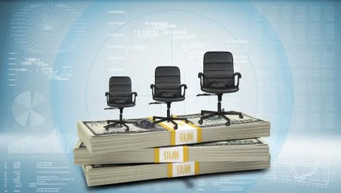 Stack of money with three office chairs on top Stock Illustration