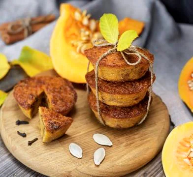 Stack of muffins with a pumpkin Stock Photos