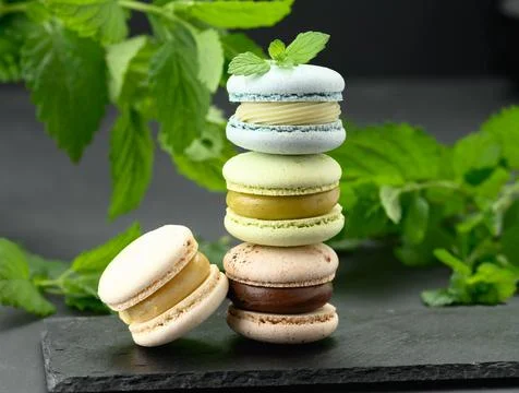 Stack of multi-colored macarons on a black background, behind green sprigs of Stock Photos