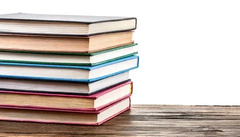 Stack of multi colored school books isolated on white background with copy .. Foto stock