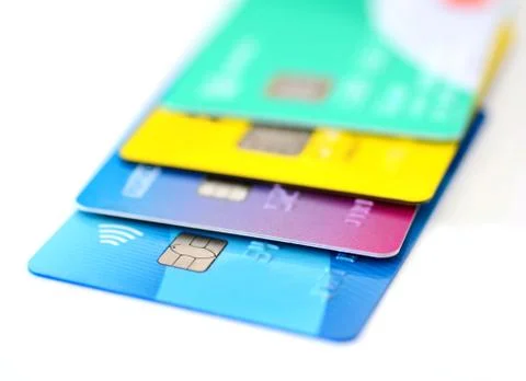 Stack of multicolored credit cards Stockfoto's