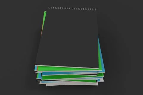 Stack of multicolored notebooks with metal spiral bound on black background Stock Illustration