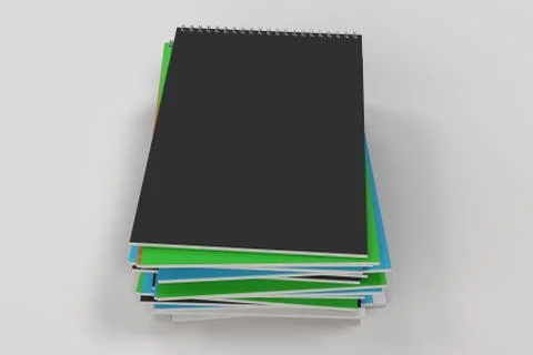 Stack of multicolored notebooks with metal spiral bound on white background Stock Illustration