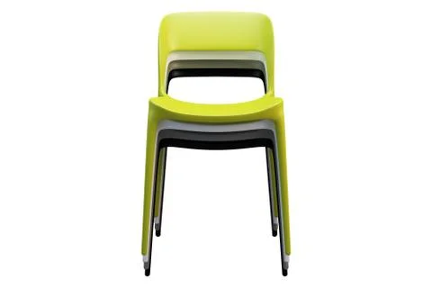 Stack of multicolored plastic mid-century chairs with thin legs. 3d render Stockillustratie