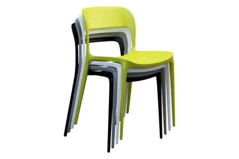 Stack of multicolored plastic mid-century chairs with thin legs. 3d render Stock Illustration