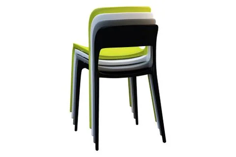 Stack of multicolored plastic mid-century chairs with thin legs. 3d render Stock Illustration