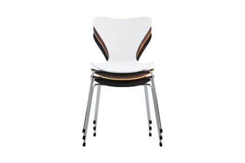 Stack of multicolored wooden mid-century chairs with metal legs. 3d render Stock Illustration