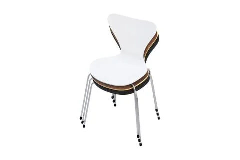 Stack of multicolored wooden mid-century chairs with metal legs. 3d render Stock Illustration