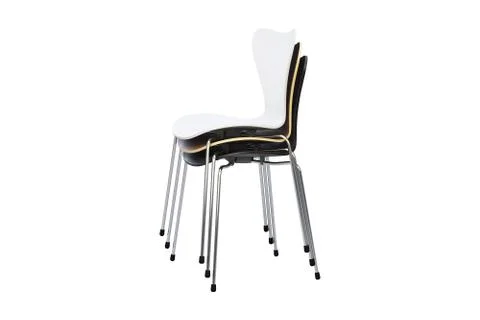 Stack of multicolored wooden mid-century chairs with metal legs. 3d render Stock Illustration