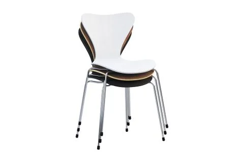 Stack of multicolored wooden mid-century chairs with metal legs. 3d render Stock Illustration