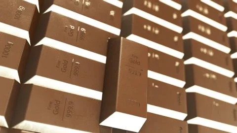 Stack of multiple gold bars on 3d illustration. Ilustración de archivo