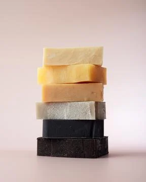 Stack of natural organic soap bars. Cleaning products concept. Stock Photos