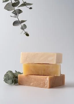 Stack of natural organic soap bars. Cleaning products concept. Stock Photos
