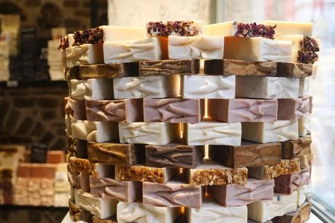 Stack of natural soap bar on table Stock Photos