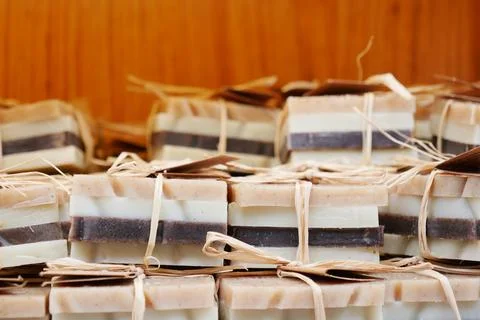 Stack of natural soap bar on table Stock Photos