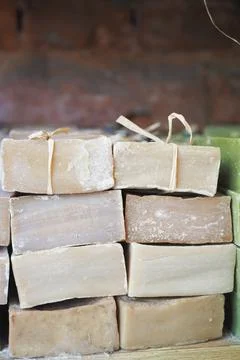 Stack of natural soap bar on table Stock Photos