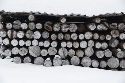 A stack of neatly stacked dry tree trunks covered in snow outdoors. Stock Photos