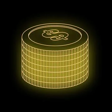 Stack of neon golden dollar coins on a black background Stock Illustration