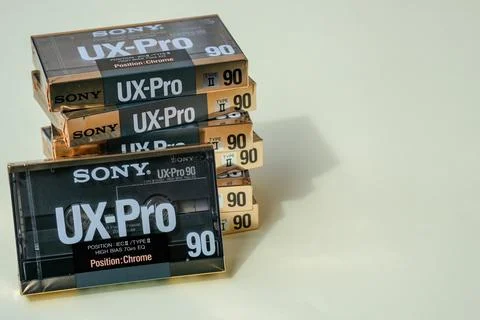Stack of new black gold audio cassettes Sony UIX Pro 90. High quality Stock Photos