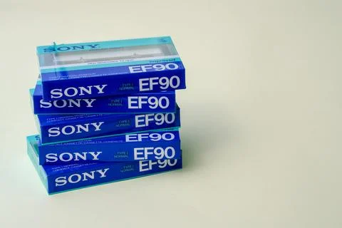 Stack of new blue audio cassettes Sony EF 90 minutes. High quality Vintage Stock Photos