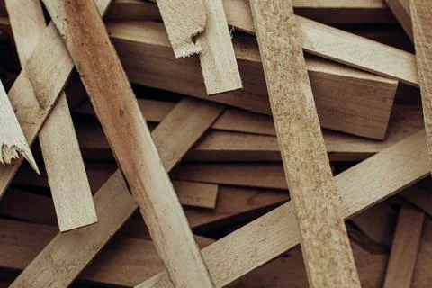 Stack Of New Wooden Studs At The Lumber Yard. Wood Timber Construction Material. Stock Photos