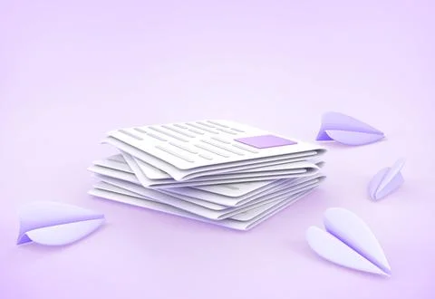 Stack of newspaper with paper planes on purple background 3d render. Concept of イラスト素材
