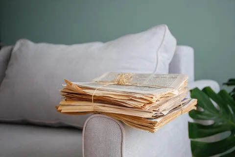 A stack of newspapers is lying on the grey sofa. Stock Photos