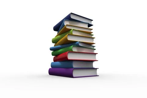 Stack of nine hardcover books is leaning in flat design showing page edges on Stock Illustration