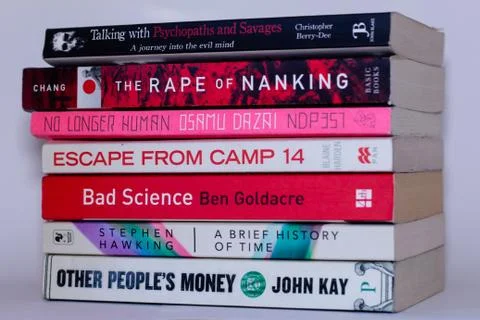 A stack of non fiction books of various colors and by various authors against Stock Photos