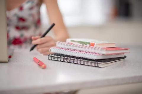 A stack of notebooks on the spiral girl student at the laptop Stock Photos