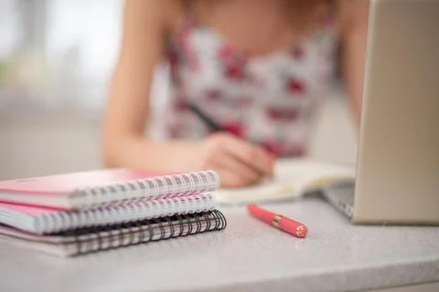 A stack of notebooks on the spiral girl student at the laptop Stock Photos
