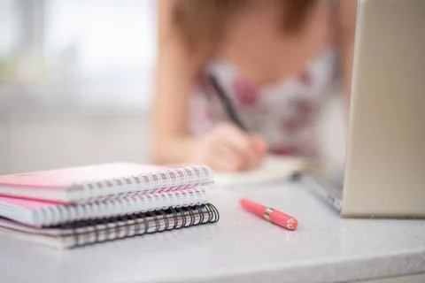 A stack of notebooks on the spiral girl student at the laptop Stock Photos