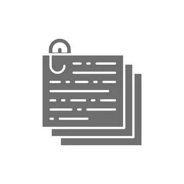 Stack of notes, documents with paperclip, recipe, text grey icon. Illustrazione stock