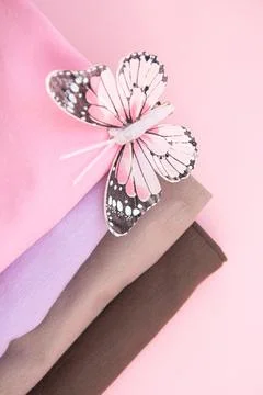 Stack of nude pink clothes and pink butterfly on pink background Stock Photos