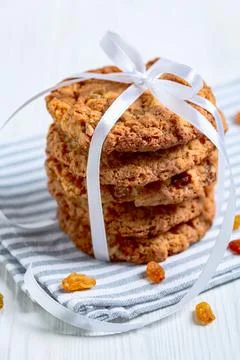 Stack of oatmeal cookies close up. Stock Photos